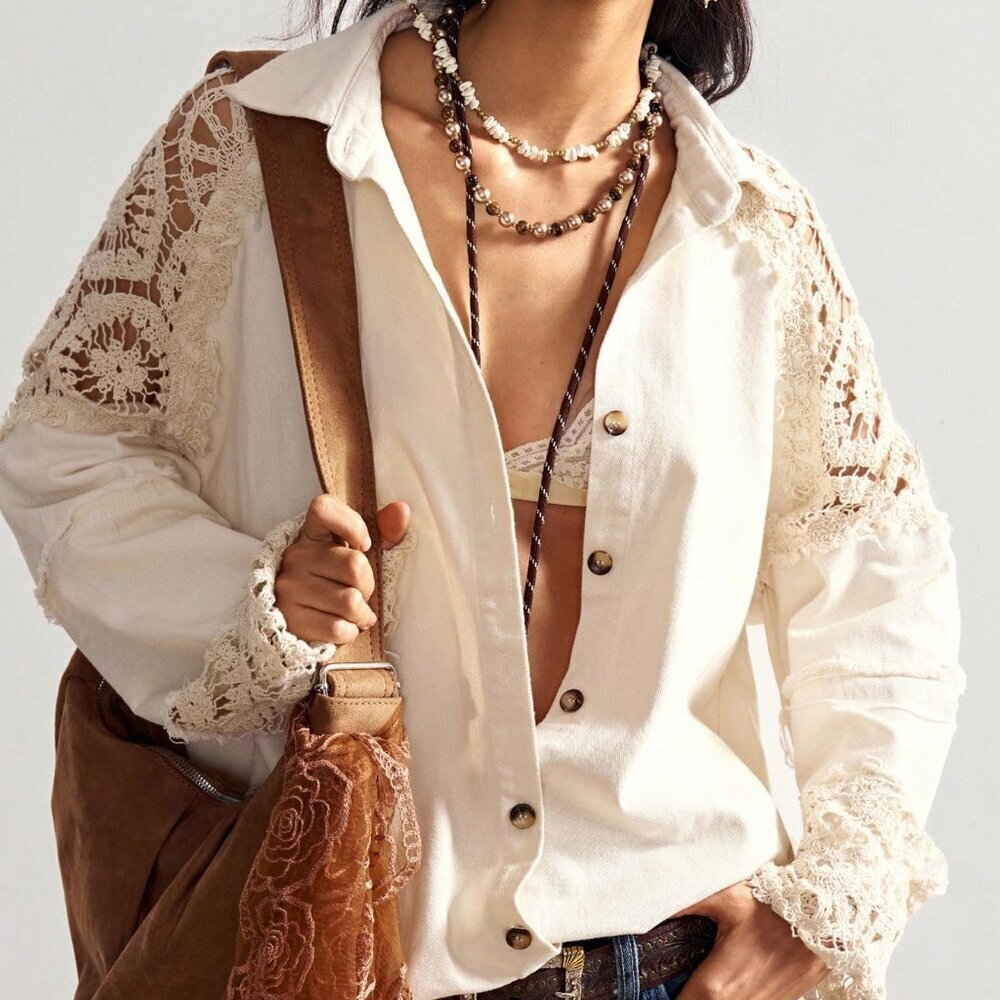 Apricot Boho Casual Women's Western Crochet Blouse